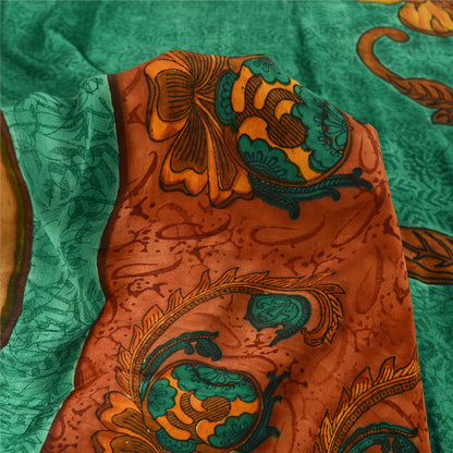 Sanskriti Vintage Sarees Green Pure Crepe Silk Printed Sari 5yd Craft Sustainable Fabric