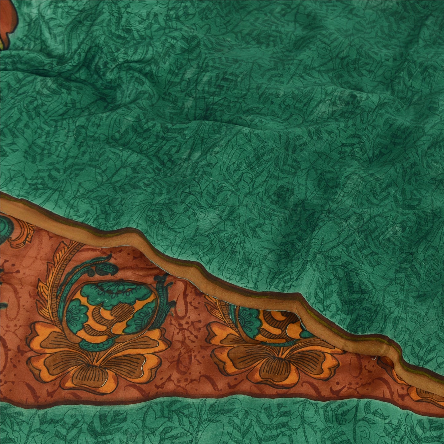 Sanskriti Vintage Sarees Green Pure Crepe Silk Printed Sari 5yd Craft Sustainable Fabric