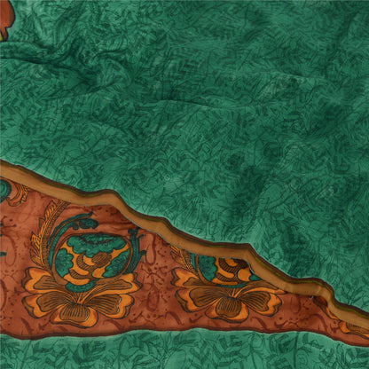 Sanskriti Vintage Sarees Green Pure Crepe Silk Printed Sari 5yd Craft Sustainable Fabric