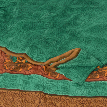 Sanskriti Vintage Sarees Green Pure Crepe Silk Printed Sari 5yd Craft Sustainable Fabric