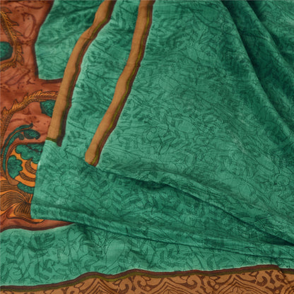 Sanskriti Vintage Sarees Green Pure Crepe Silk Printed Sari 5yd Craft Sustainable Fabric