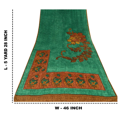 Sanskriti Vintage Sarees Green Pure Crepe Silk Printed Sari 5yd Craft Sustainable Fabric