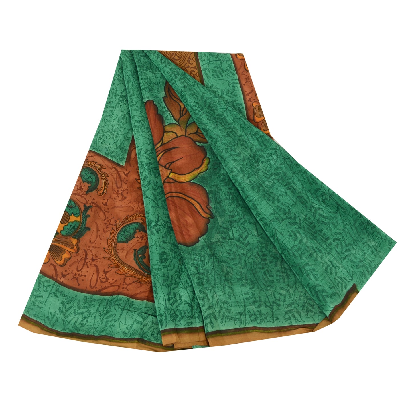 Sanskriti Vintage Sarees Green Pure Crepe Silk Printed Sari 5yd Craft Sustainable Fabric