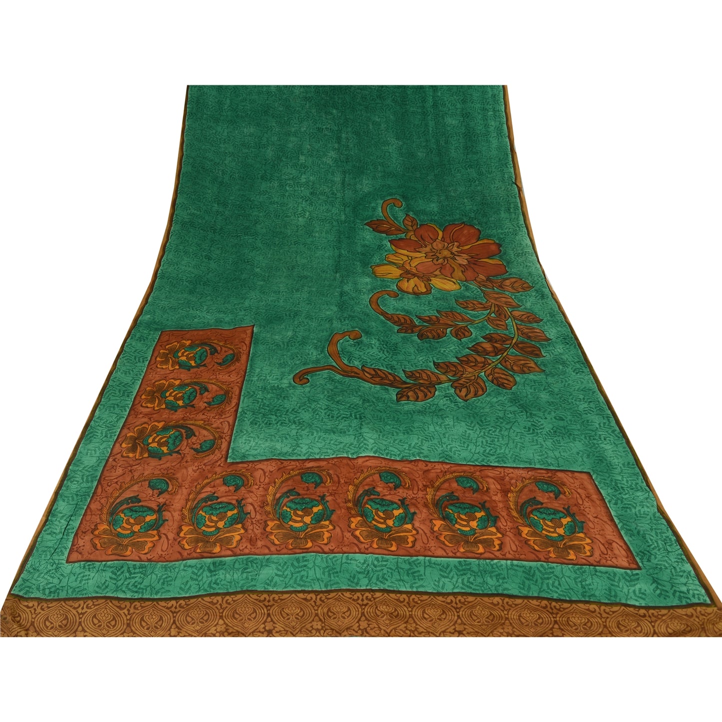 Sanskriti Vintage Sarees Green Pure Crepe Silk Printed Sari 5yd Craft Sustainable Fabric