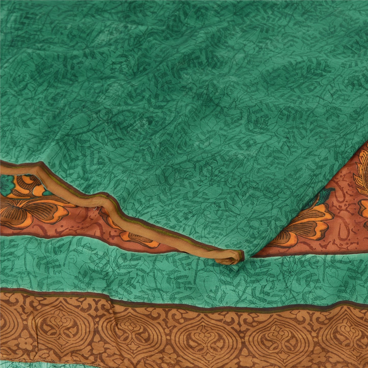 Sanskriti Vintage Sarees Green Pure Crepe Silk Printed Sari 5yd Craft Sustainable Fabric