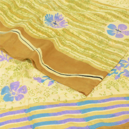 Sanskriti Vintage Sarees Lemon Pure Crepe Silk Printed Sari 5yd Craft Sustainable Fabric