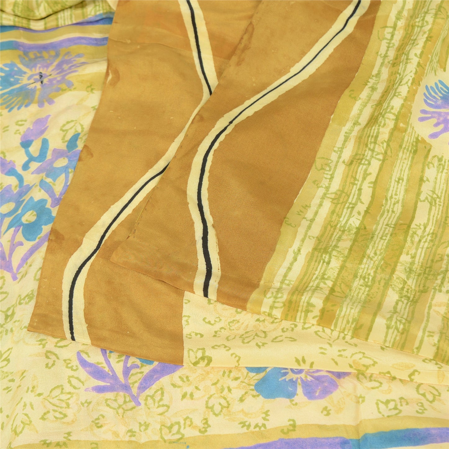 Sanskriti Vintage Sarees Lemon Pure Crepe Silk Printed Sari 5yd Craft Sustainable Fabric
