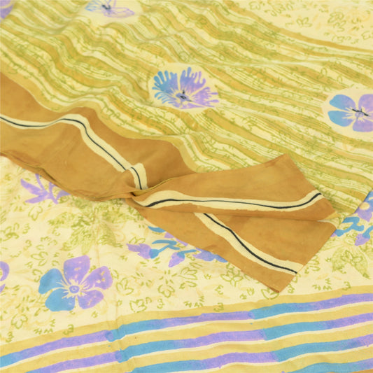 Sanskriti Vintage Sarees Lemon Pure Crepe Silk Printed Sari 5yd Craft Sustainable Fabric