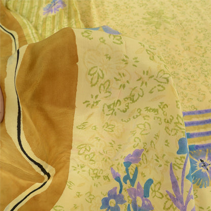 Sanskriti Vintage Sarees Lemon Pure Crepe Silk Printed Sari 5yd Craft Sustainable Fabric