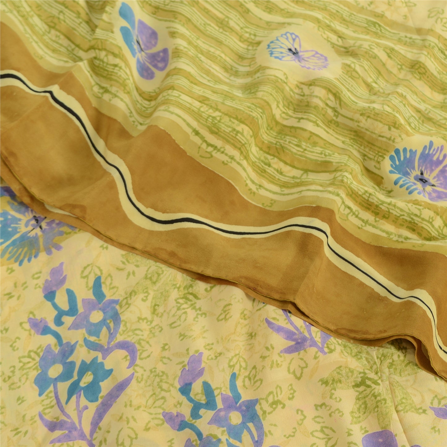 Sanskriti Vintage Sarees Lemon Pure Crepe Silk Printed Sari 5yd Craft Sustainable Fabric