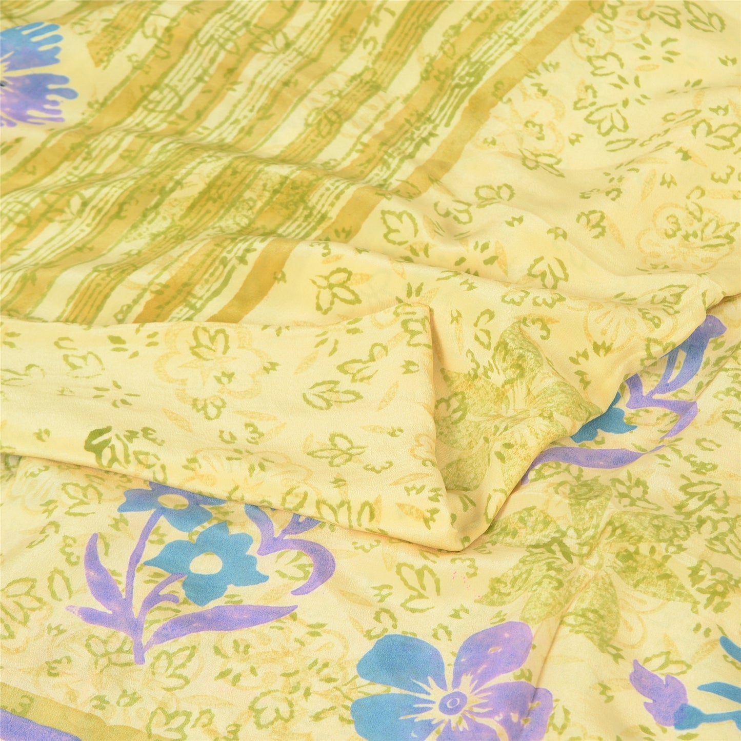 Sanskriti Vintage Sarees Lemon Pure Crepe Silk Printed Sari 5yd Craft Sustainable Fabric
