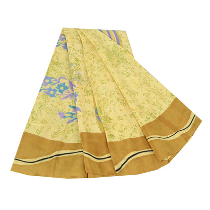 Sanskriti Vintage Sarees Lemon Pure Crepe Silk Printed Sari 5yd Craft Sustainable Fabric