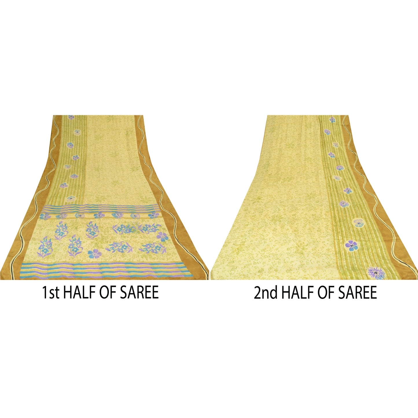 Sanskriti Vintage Sarees Lemon Pure Crepe Silk Printed Sari 5yd Craft Sustainable Fabric