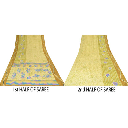 Sanskriti Vintage Sarees Lemon Pure Crepe Silk Printed Sari 5yd Craft Sustainable Fabric