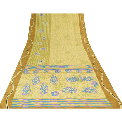 Sanskriti Vintage Sarees Lemon Pure Crepe Silk Printed Sari 5yd Craft Sustainable Fabric