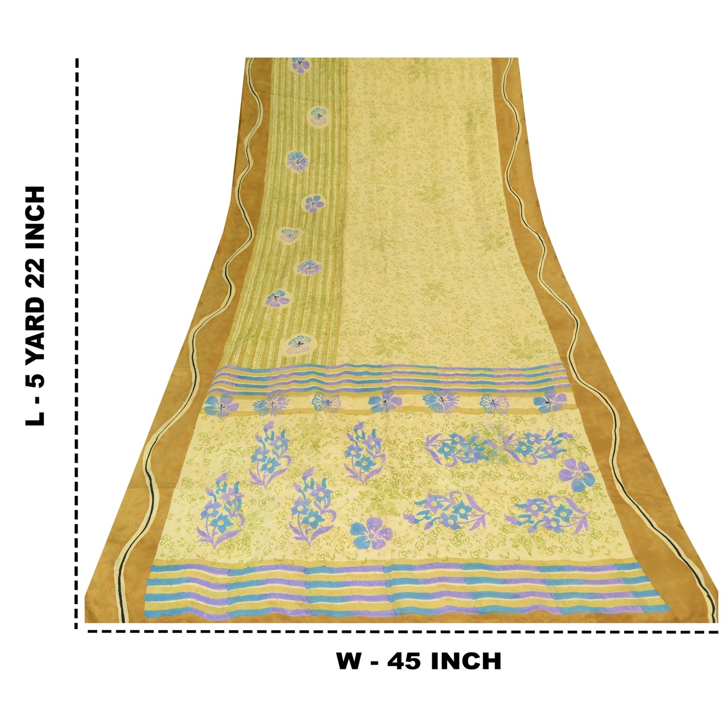 Sanskriti Vintage Sarees Lemon Pure Crepe Silk Printed Sari 5yd Craft Sustainable Fabric