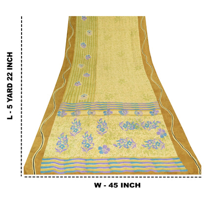 Sanskriti Vintage Sarees Lemon Pure Crepe Silk Printed Sari 5yd Craft Sustainable Fabric