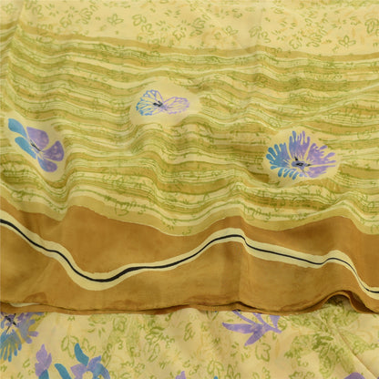 Sanskriti Vintage Sarees Lemon Pure Crepe Silk Printed Sari 5yd Craft Sustainable Fabric