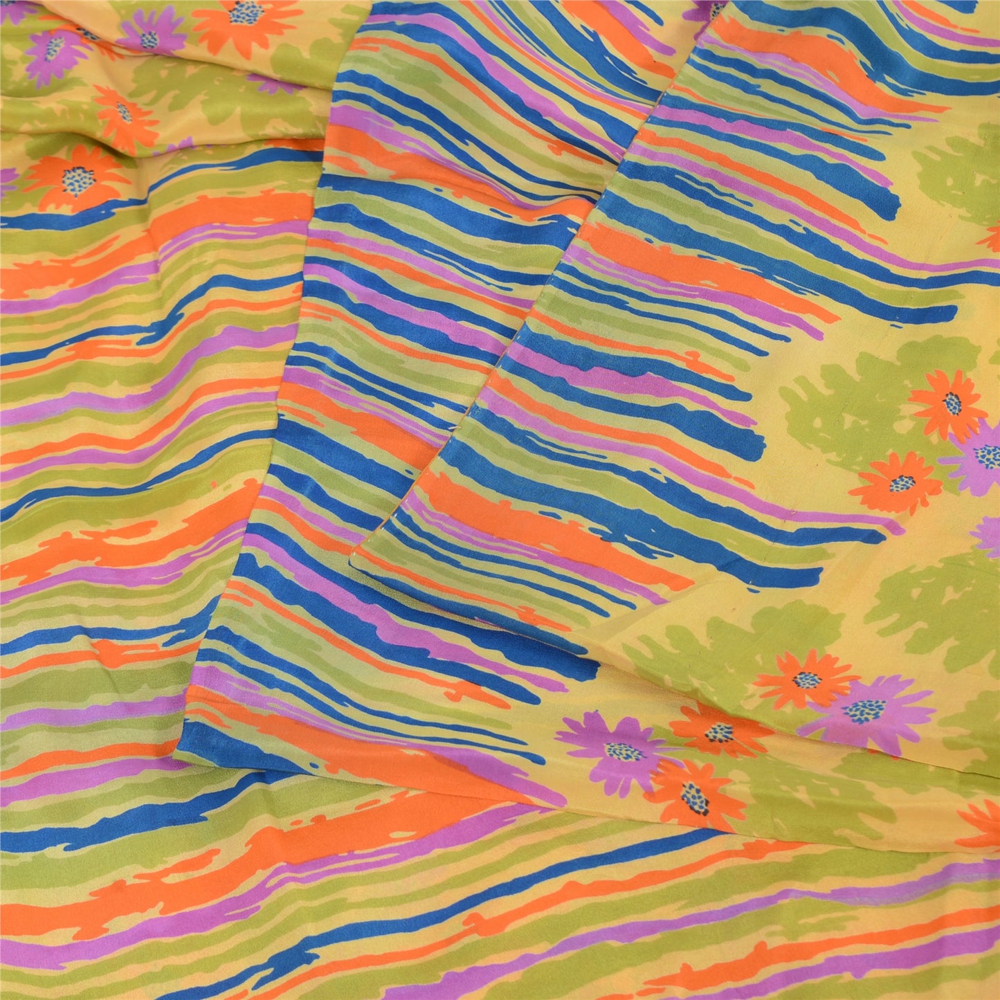 Sanskriti Vintage Sarees Yellow Pure Crepe Silk Printed Sari 5+yd Craft Fabric