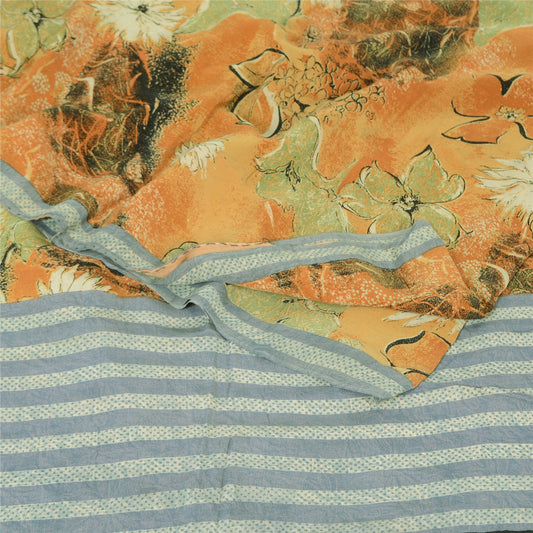 Sanskriti Vintage Sarees Orange Pure Crepe Silk Printed Sari 5yd Craft Sustainable Fabric