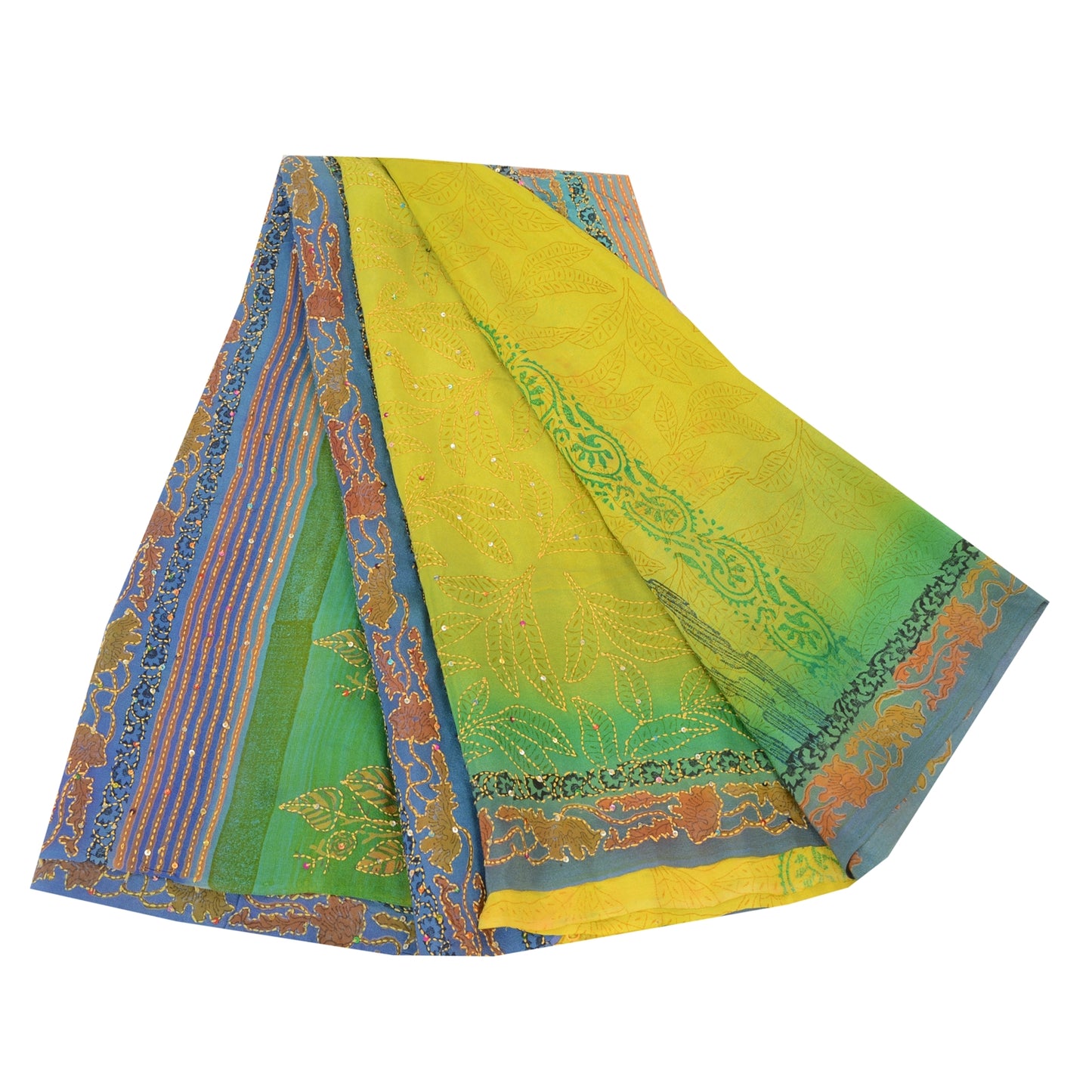 Sanskriti Vintage Sarees Green Hand Beaded Kantha Pure Crepe Printed Sari Sustainable Fabric
