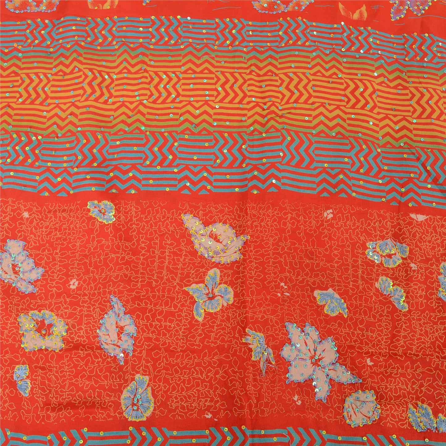Sanskriti Vintage Sarees Orange Embroidered Pure Crepe Printed Sari 5yd Sustainable Fabric