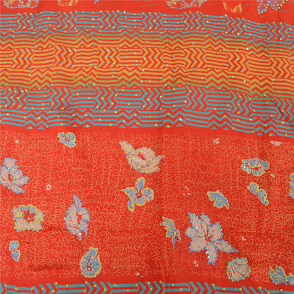 Sanskriti Vintage Sarees Orange Embroidered Pure Crepe Printed Sari 5yd Sustainable Fabric