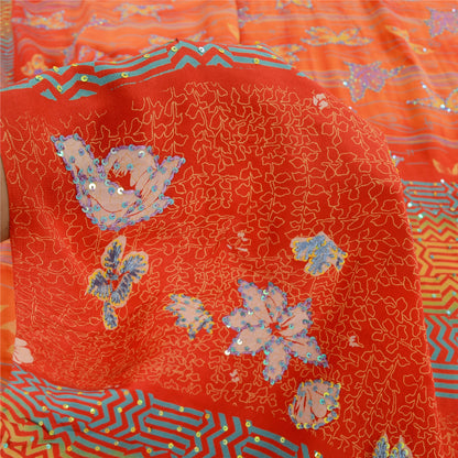 Sanskriti Vintage Sarees Orange Embroidered Pure Crepe Printed Sari 5yd Sustainable Fabric