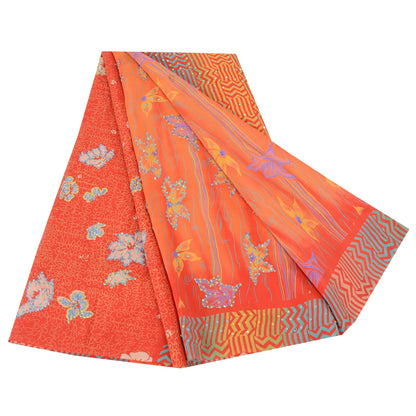 Sanskriti Vintage Sarees Orange Embroidered Pure Crepe Printed Sari 5yd Sustainable Fabric