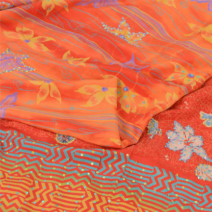Sanskriti Vintage Sarees Orange Embroidered Pure Crepe Printed Sari 5yd Sustainable Fabric