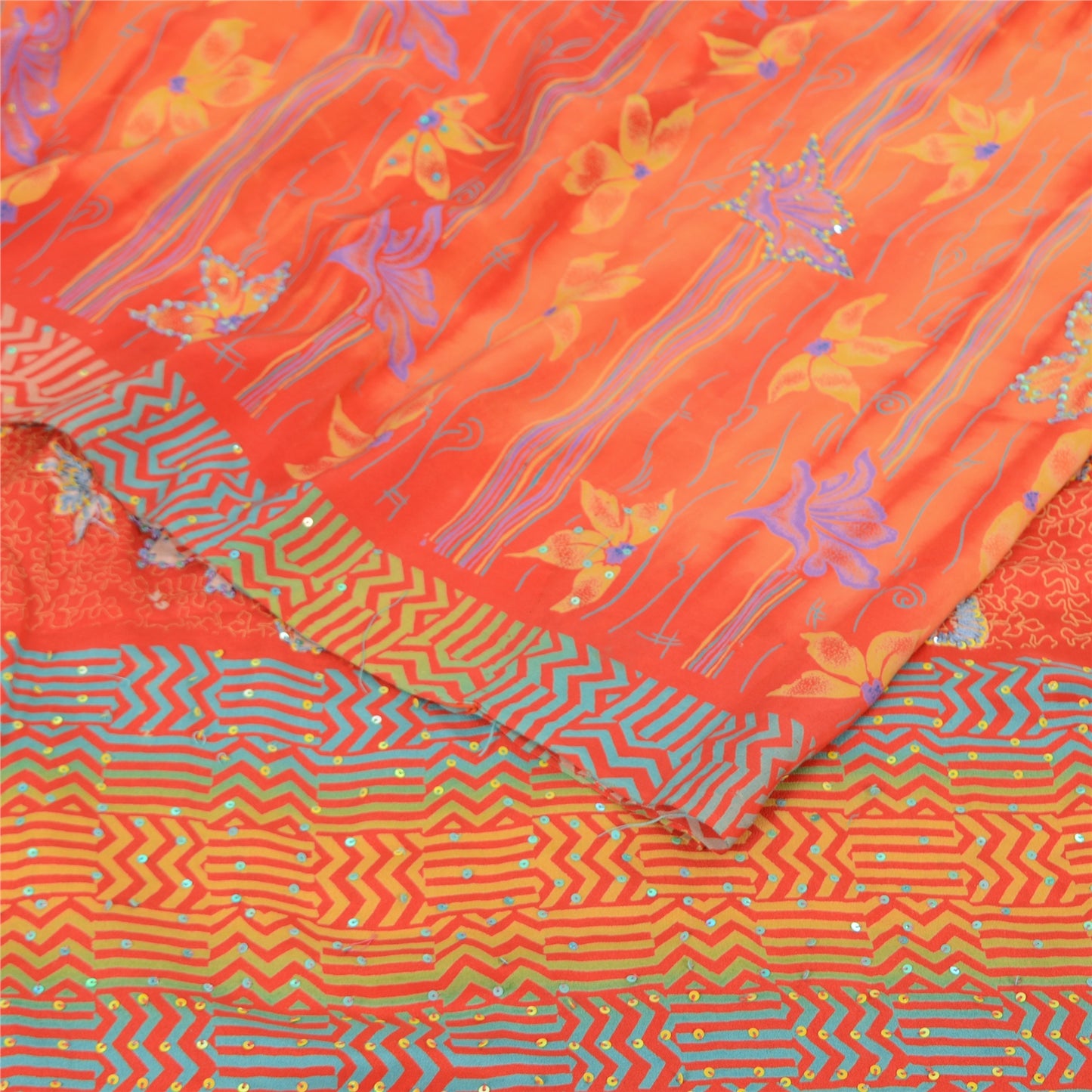 Sanskriti Vintage Sarees Orange Embroidered Pure Crepe Printed Sari 5yd Sustainable Fabric