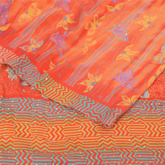 Sanskriti Vintage Sarees Orange Embroidered Pure Crepe Printed Sari 5yd Sustainable Fabric