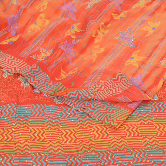 Sanskriti Vintage Sarees Orange Embroidered Pure Crepe Printed Sari 5yd Sustainable Fabric
