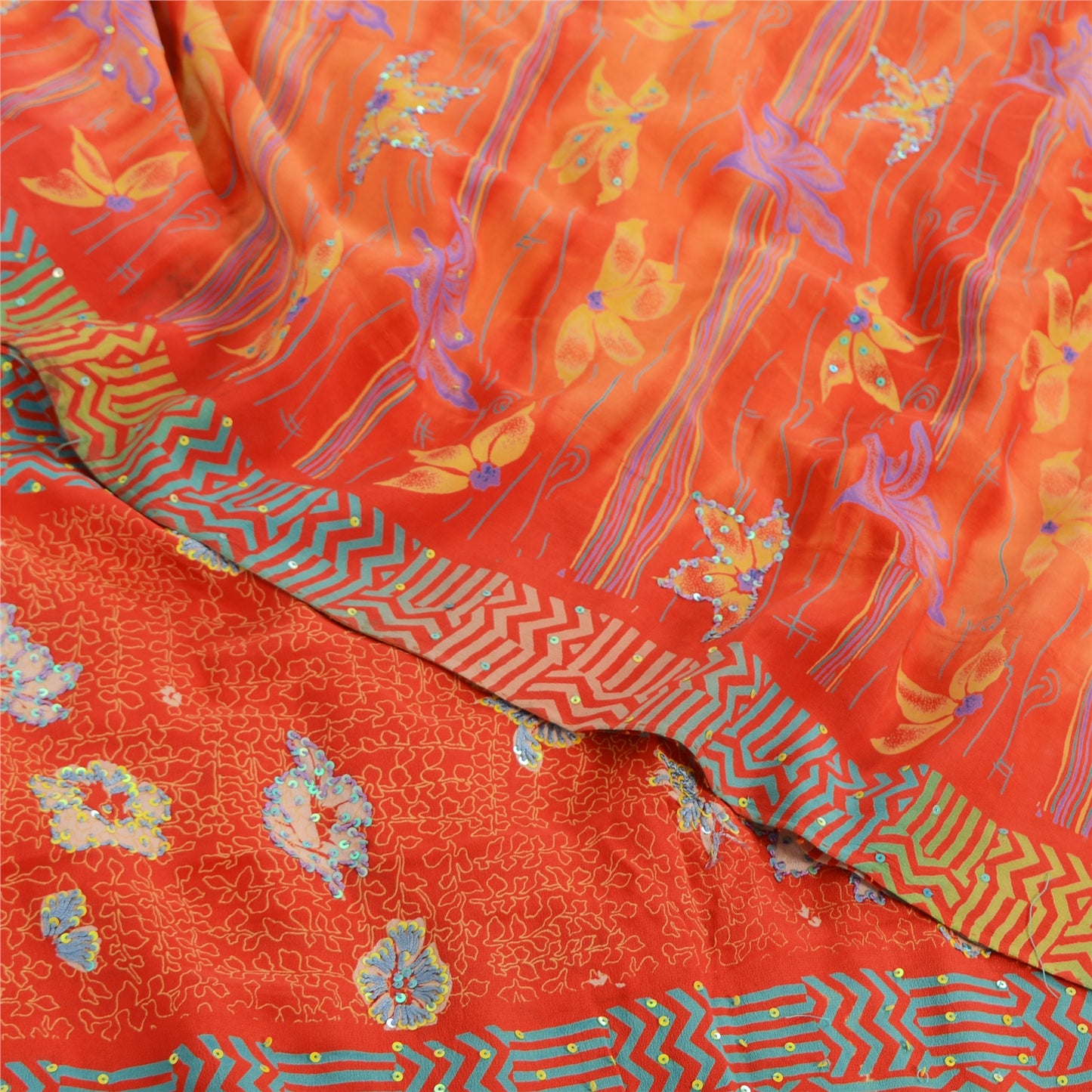 Sanskriti Vintage Sarees Orange Embroidered Pure Crepe Printed Sari 5yd Sustainable Fabric