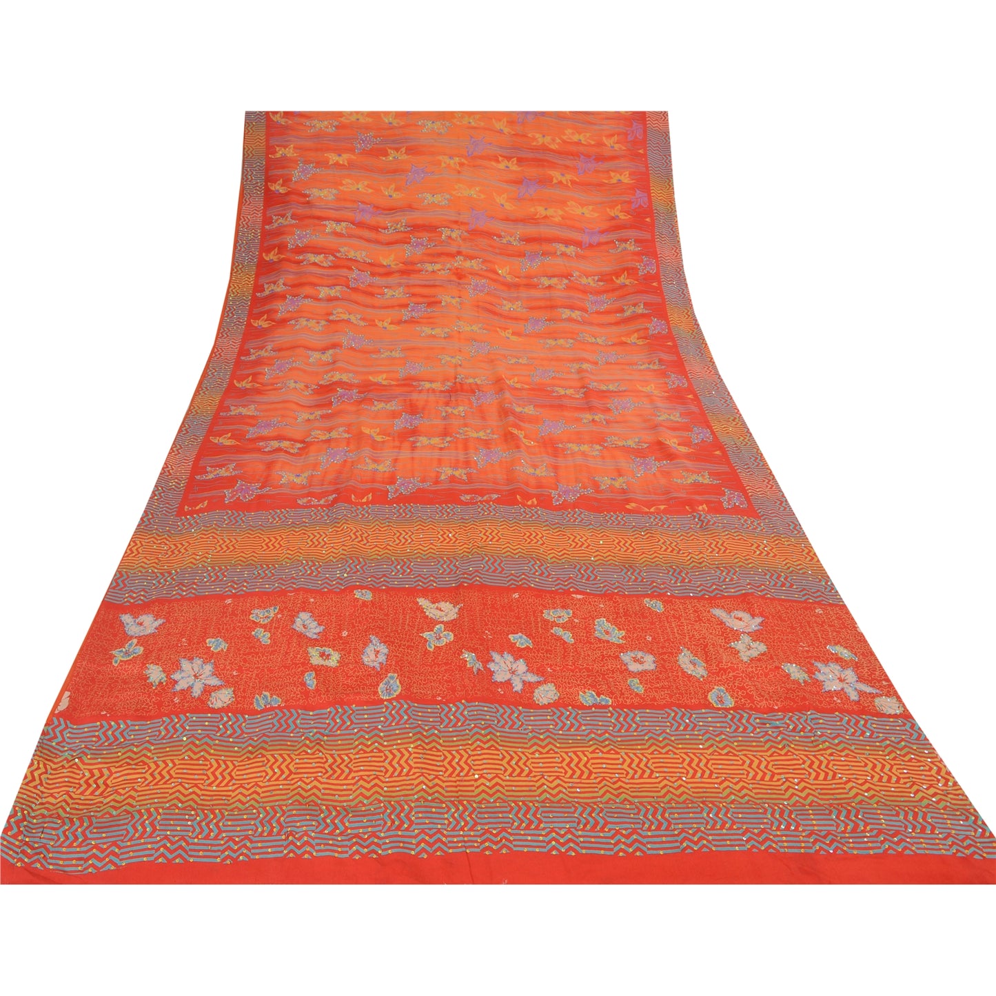 Sanskriti Vintage Sarees Orange Embroidered Pure Crepe Printed Sari 5yd Sustainable Fabric
