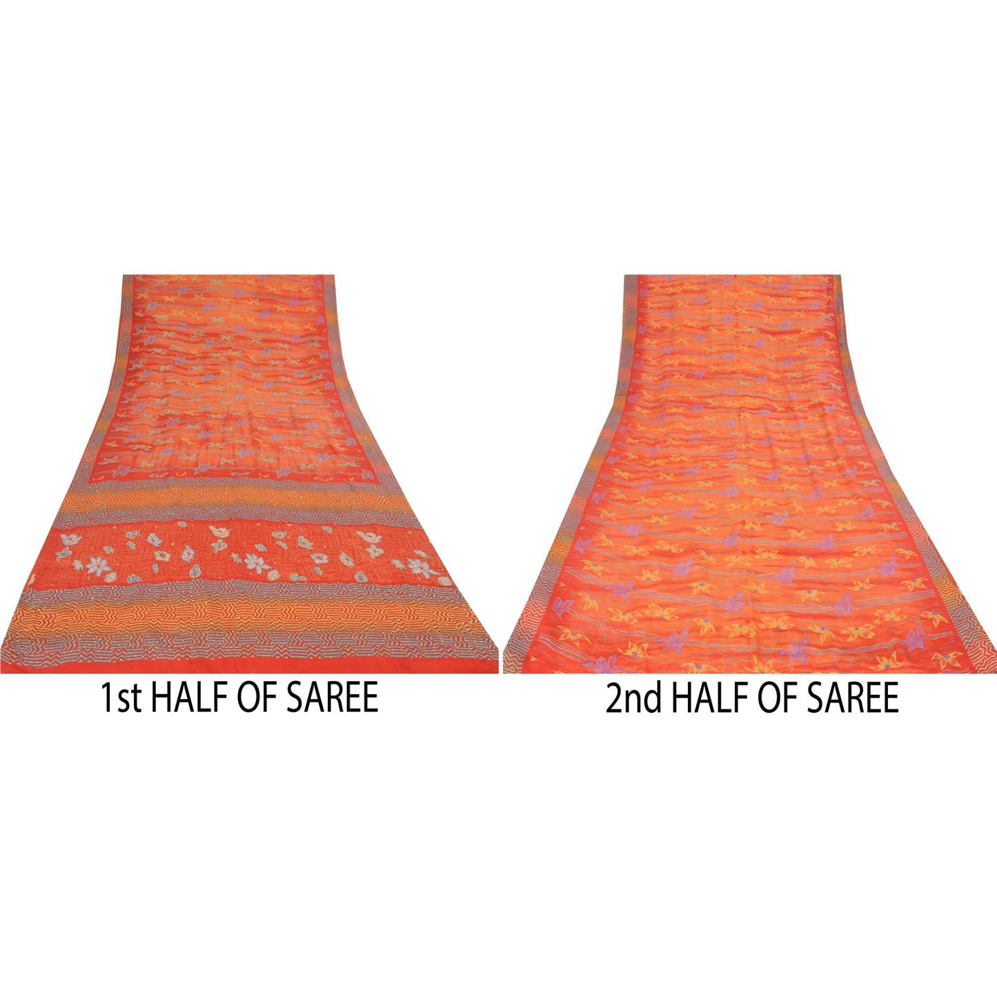 Sanskriti Vintage Sarees Orange Embroidered Pure Crepe Printed Sari 5yd Sustainable Fabric