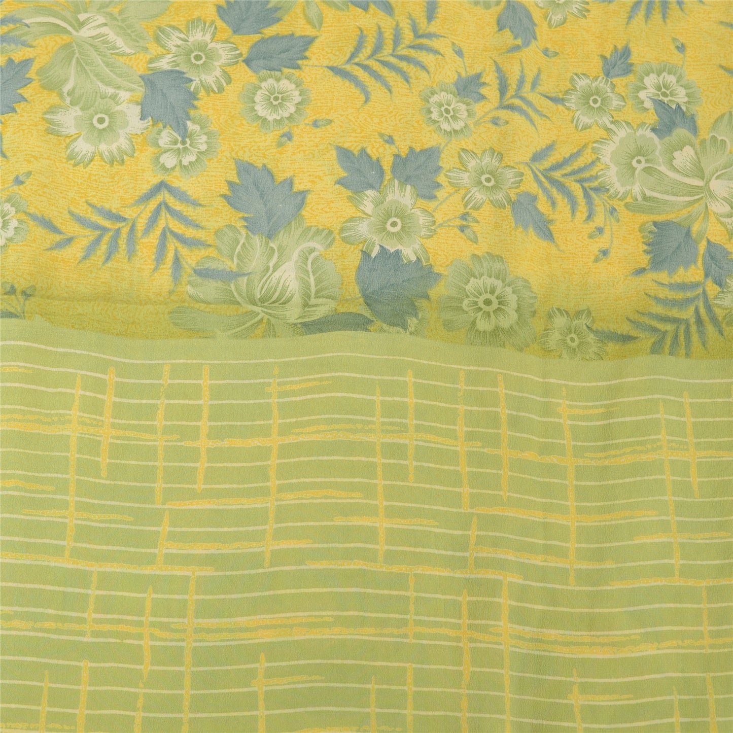 Sanskriti Vintage Sarees Lemon Green Pure Crepe Silk Print Sari 5yd Craft Sustainable Fabric
