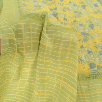 Sanskriti Vintage Sarees Lemon Green Pure Crepe Silk Print Sari 5yd Craft Sustainable Fabric