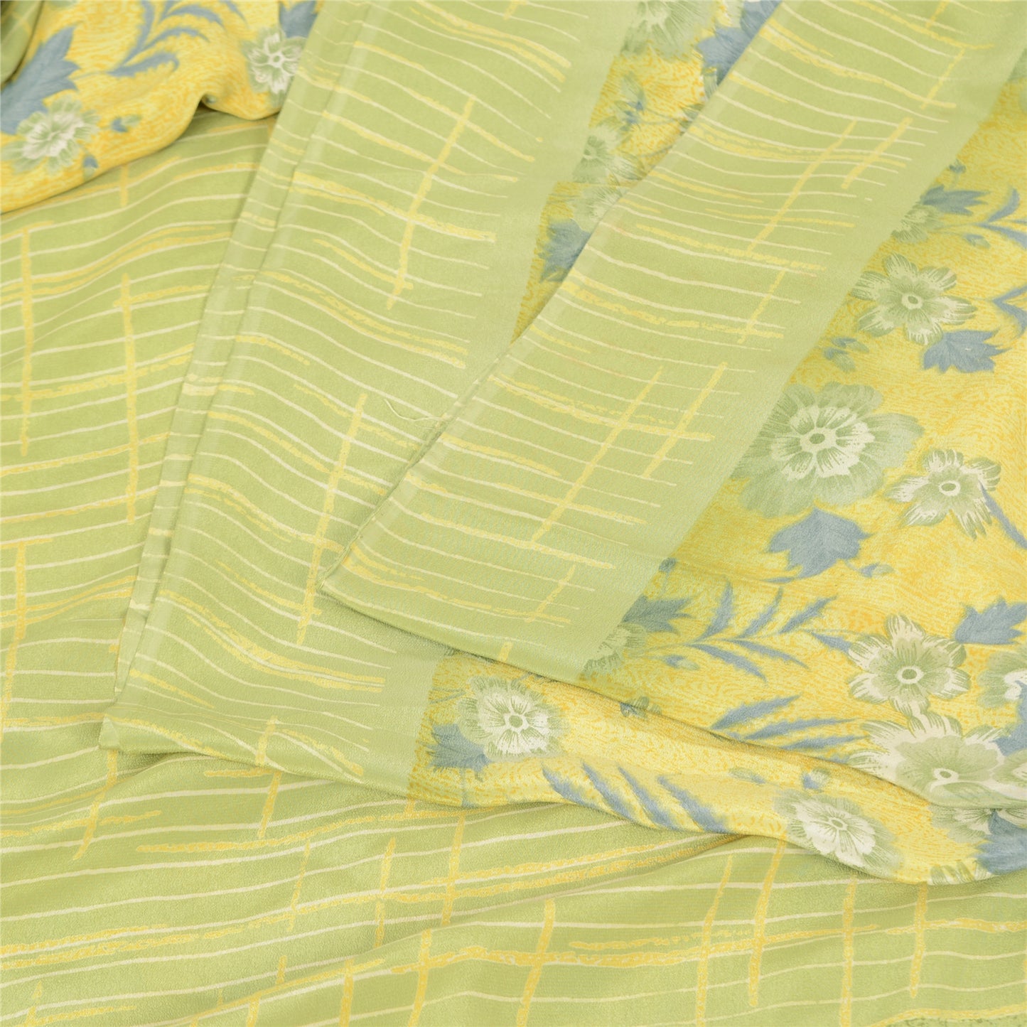 Sanskriti Vintage Sarees Lemon Green Pure Crepe Silk Print Sari 5yd Craft Sustainable Fabric
