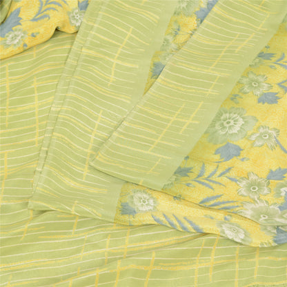 Sanskriti Vintage Sarees Lemon Green Pure Crepe Silk Print Sari 5yd Craft Sustainable Fabric