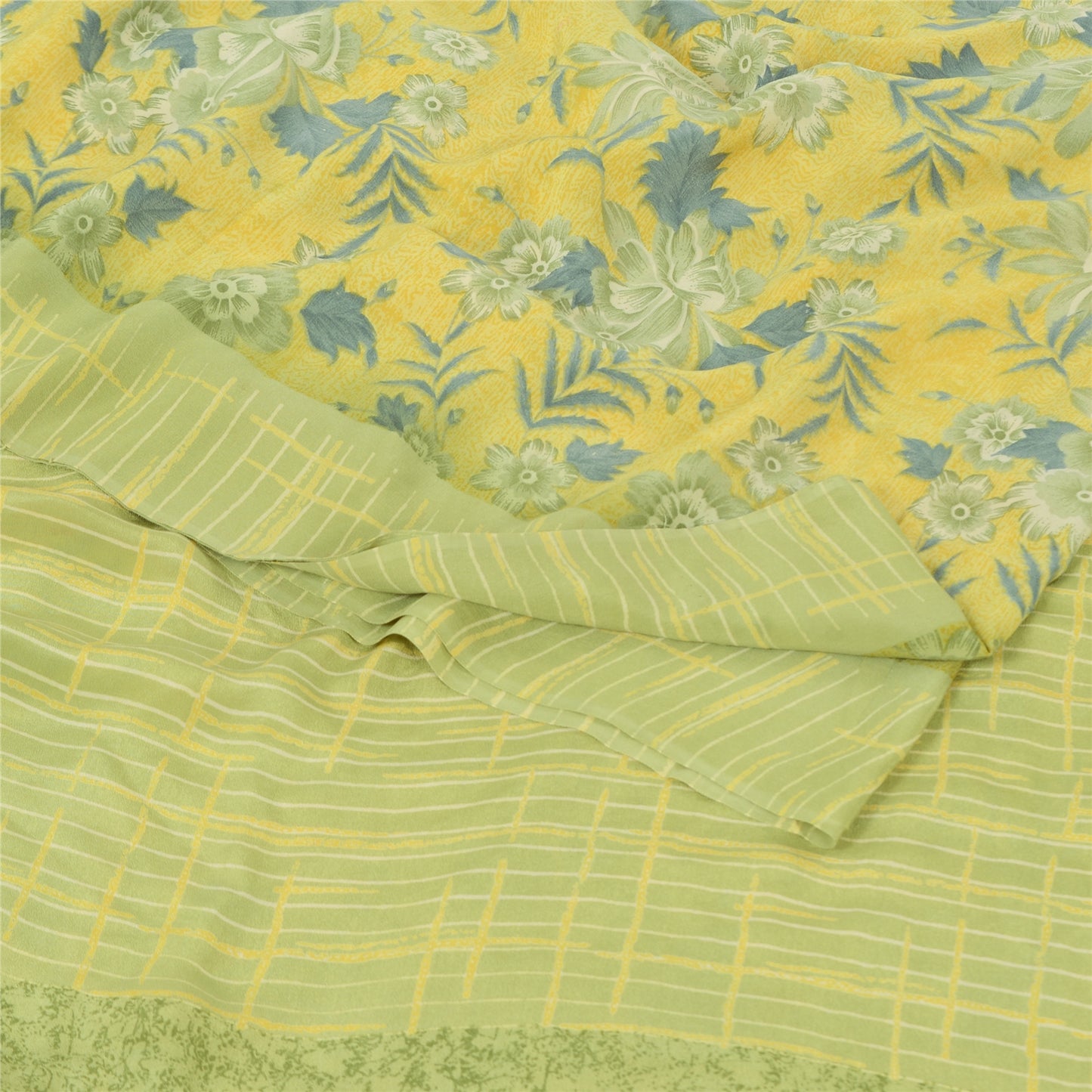 Sanskriti Vintage Sarees Lemon Green Pure Crepe Silk Print Sari 5yd Craft Sustainable Fabric