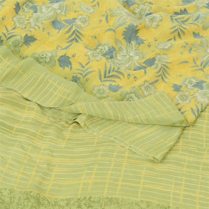 Sanskriti Vintage Sarees Lemon Green Pure Crepe Silk Print Sari 5yd Craft Sustainable Fabric