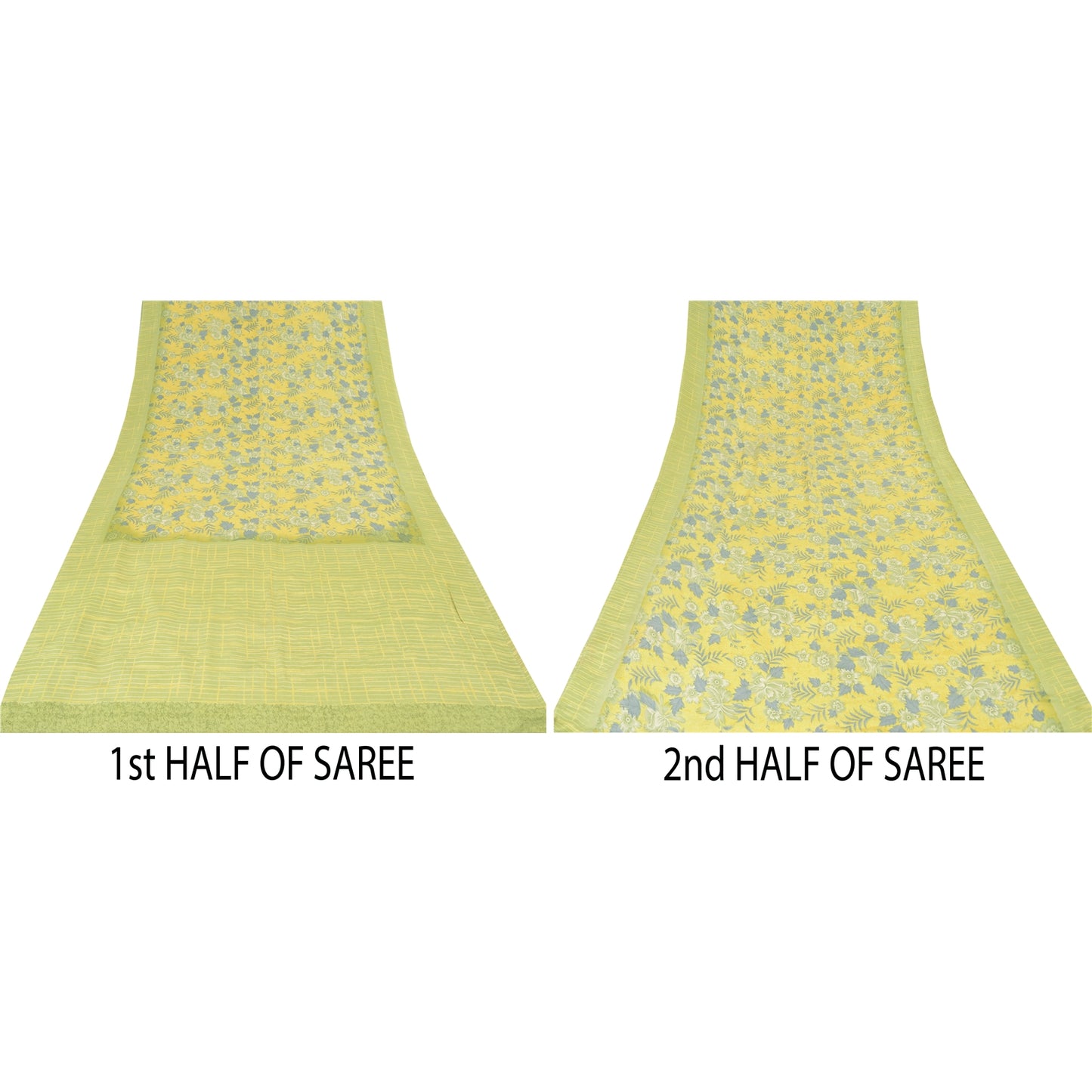 Sanskriti Vintage Sarees Lemon Green Pure Crepe Silk Print Sari 5yd Craft Sustainable Fabric