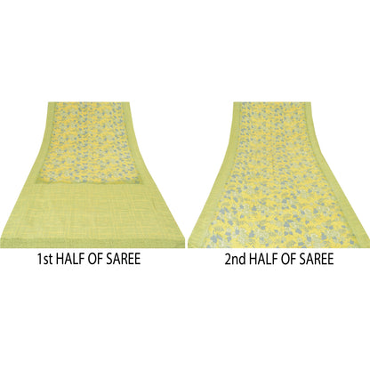 Sanskriti Vintage Sarees Lemon Green Pure Crepe Silk Print Sari 5yd Craft Sustainable Fabric