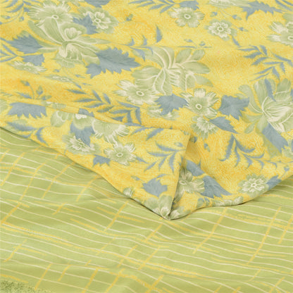 Sanskriti Vintage Sarees Lemon Green Pure Crepe Silk Print Sari 5yd Craft Sustainable Fabric