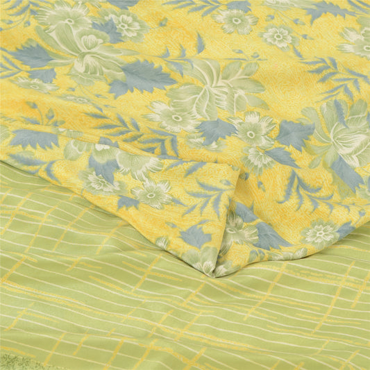 Sanskriti Vintage 100% Pure Crepe Silk Lemon Green Printed Saree 5Yd Craft Fabric