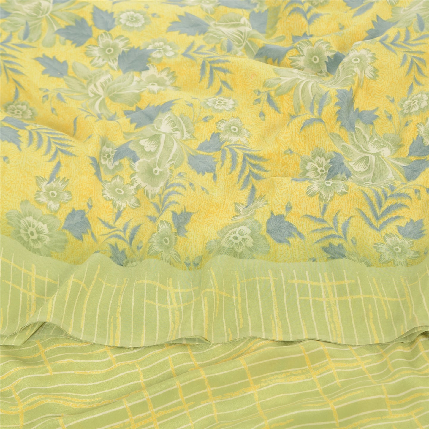 Sanskriti Vintage Sarees Lemon Green Pure Crepe Silk Print Sari 5yd Craft Sustainable Fabric