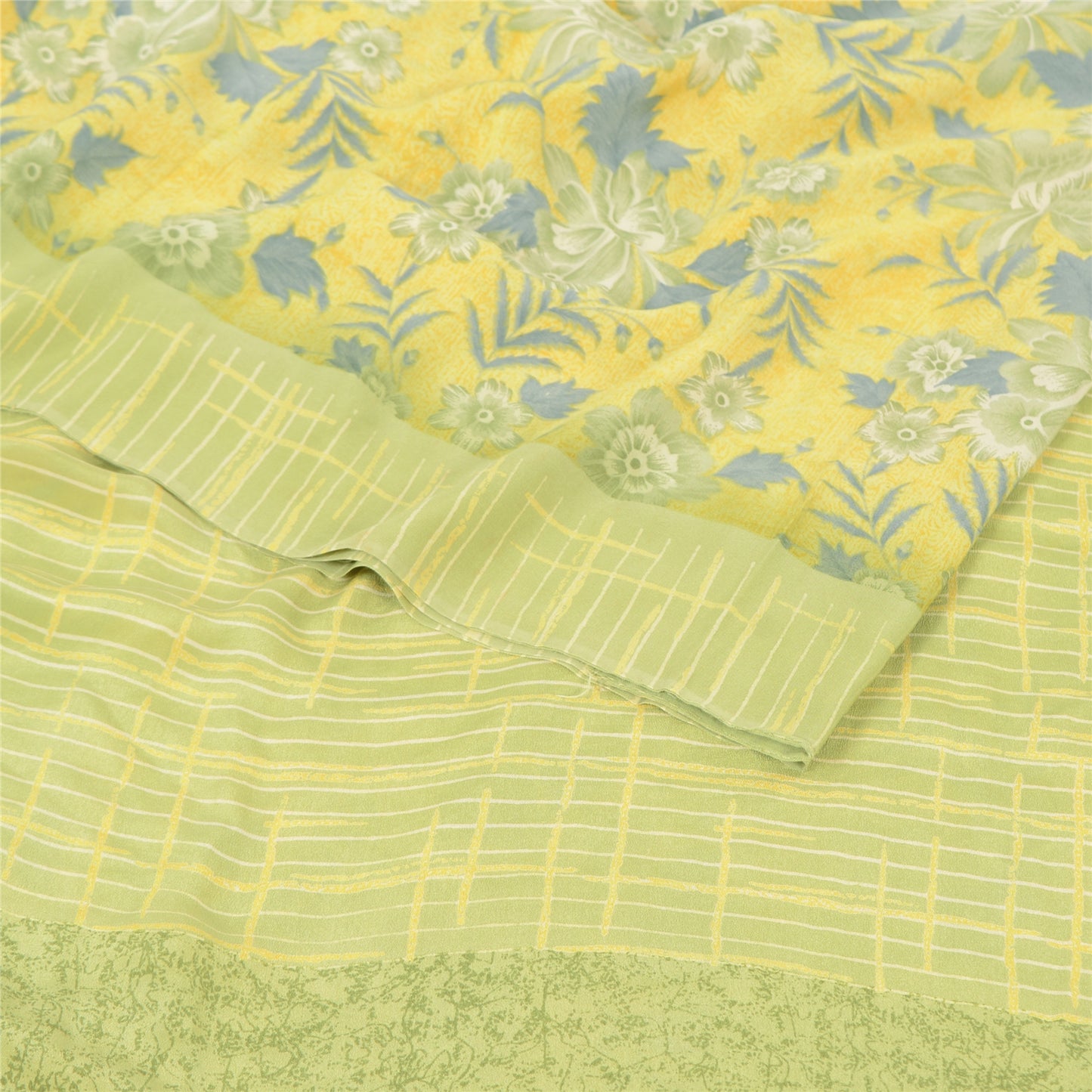 Sanskriti Vintage Sarees Lemon Green Pure Crepe Silk Print Sari 5yd Craft Sustainable Fabric