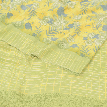 Sanskriti Vintage Sarees Lemon Green Pure Crepe Silk Print Sari 5yd Craft Sustainable Fabric