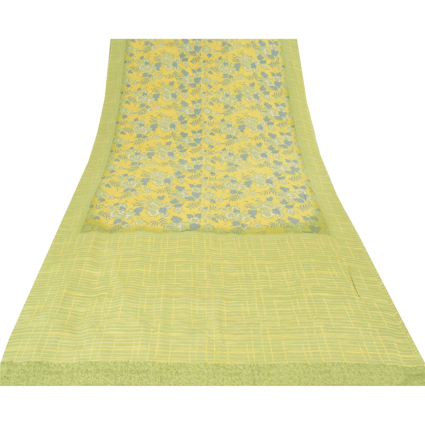 Sanskriti Vintage Sarees Lemon Green Pure Crepe Silk Print Sari 5yd Craft Sustainable Fabric